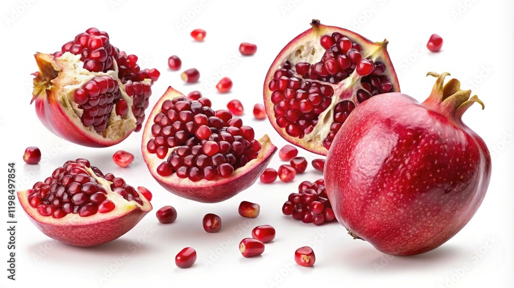 Pomegranate with seeds and whole fruit - A fresh pomegranate displayed alongside halved pieces, showcasing vibrant red seeds and juicy, ripe fruit.
Pomegranate with seeds and whole fruit - A fresh pomegranate displayed alongside halved pieces, showcasing vibrant red seeds and juicy, ripe fruit.
