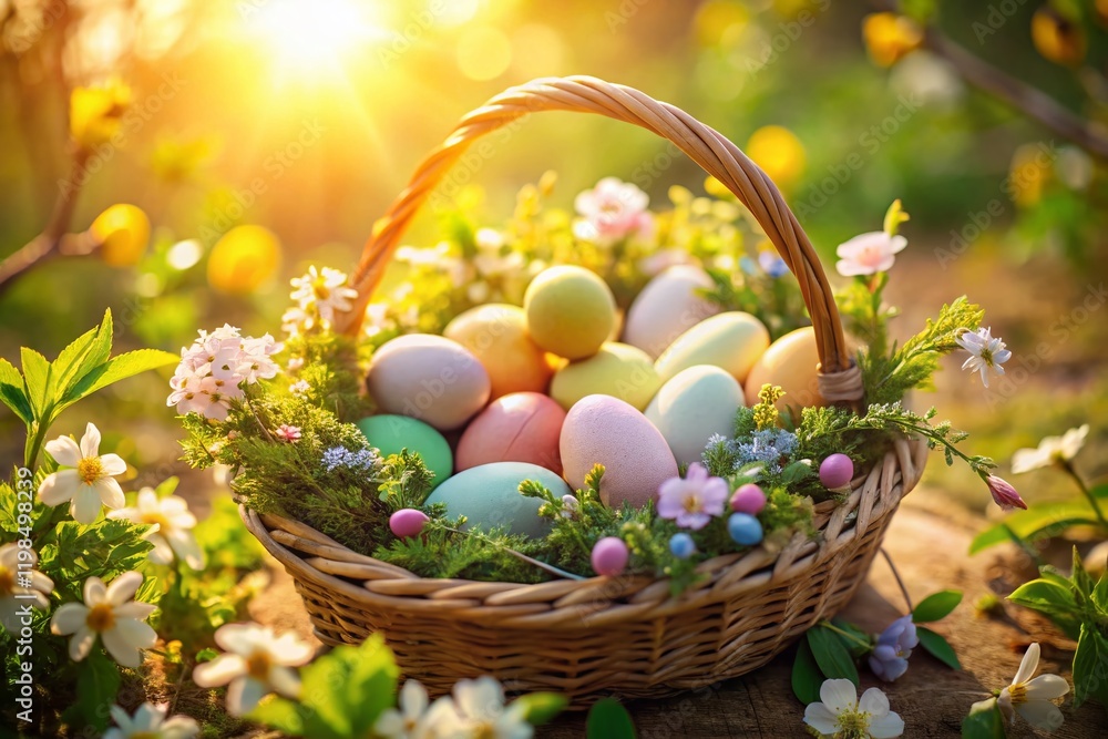 Aerial View Easter Basket Lush Greenery Pastel Spring Flowers Aerial View Easter Basket Lush Greenery Pastel Spring Flowers