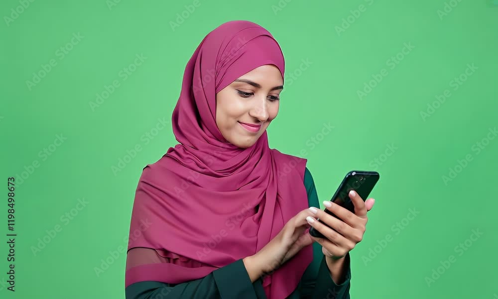 Smiling Muslim Woman using Smartphone Smiling Muslim Woman using Smartphone