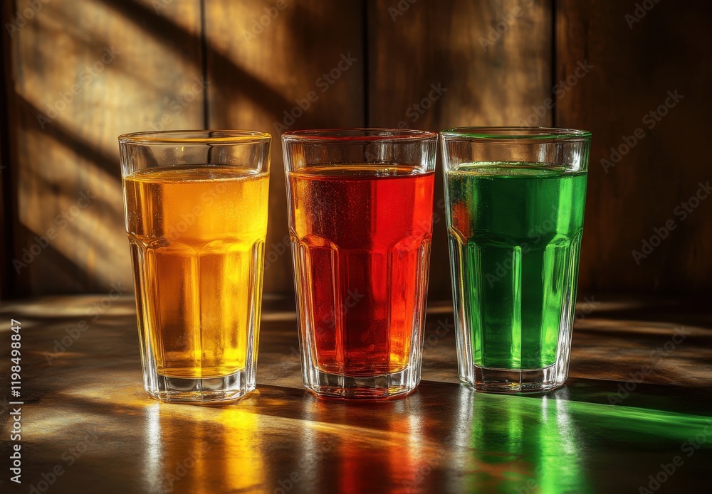 Colorful Glasses of Beverage in Sunlight Casting Shadows on Wooden Table Surface with Bright Tones and Vivid Liquid Reflections for Refreshing Moments Colorful Glasses of Beverage in Sunlight Casting Shadows on Wooden Table Surface with Bright Tones and Vivid Liquid Reflections for Refreshing Moments