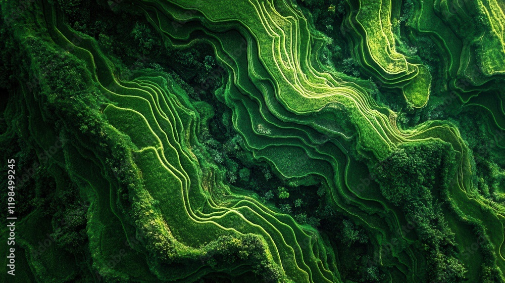 Obraz premium Aerial View of Lush Green Rice Terraces with Winding Contours and Forest Patches.