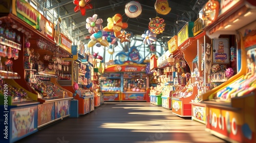 Carnival games store, close up view, front view, day time, anime style background