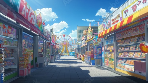 Carnival games store, close up view, front view, day time, anime style background