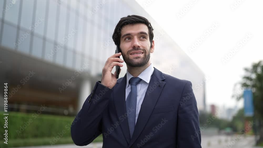 Skilled caucasian project manager calling phone while walking at city with blurred background. Skilled businessman using smart phone talking to project manager with blurred background. Exultant. Skilled caucasian project manager calling phone while walking at city with blurred background. Skilled businessman using smart phone talking to project manager with blurred background. Exultant.