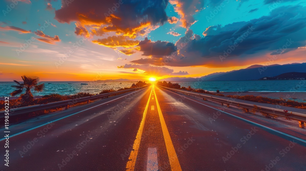 Coastal Highway at Colorful Sunset: Stunning Beach Landscape for Summer Vacation Coastal Highway at Colorful Sunset: Stunning Beach Landscape for Summer Vacation