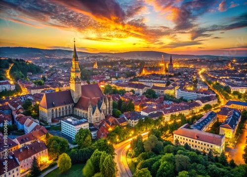 Aerial View of Cluj-Napoca, Romania: Cityscape Panorama at Sunset