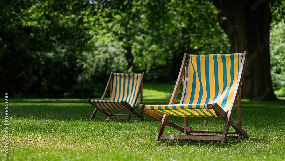 Relaxing on Striped Deck Chairs in a Sunny Green Park, Enjoying Tranquil Outdoor Leisure Relaxing on Striped Deck Chairs in a Sunny Green Park, Enjoying Tranquil Outdoor Leisure