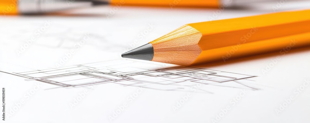 Engineer project concept. Close-up of an orange pencil resting on architectural sketches on white paper. Engineer project concept. Close-up of an orange pencil resting on architectural sketches on white paper.