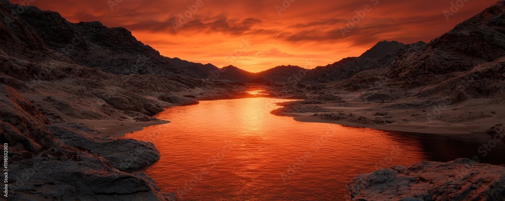A stunning sunset over a serene river, surrounded by rocky hills, creating a tranquil and picturesque landscape. A stunning sunset over a serene river, surrounded by rocky hills, creating a tranquil and picturesque landscape.