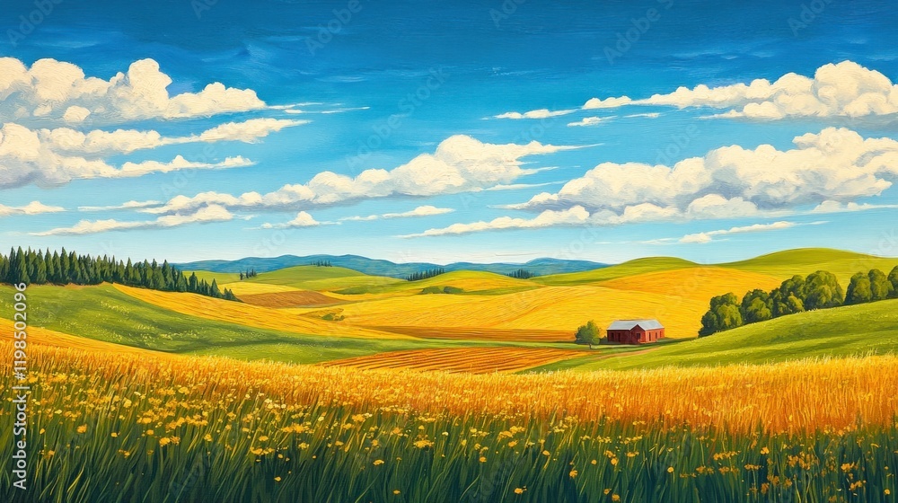 Obraz premium Sunny rural landscape with rolling hills, golden fields, and a red barn under a blue sky.