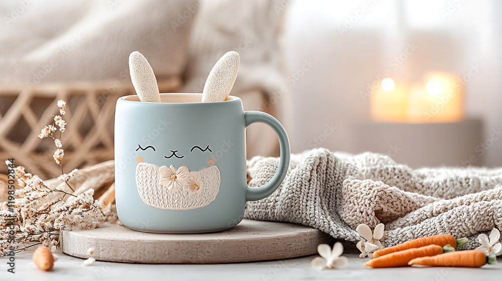 Cozy bunny-themed mug with carrots indoor setting lifestyle photography soft lighting whimsical design Cozy bunny-themed mug with carrots indoor setting lifestyle photography soft lighting whimsical design