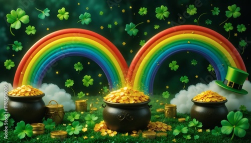 Shamrocks, pots of gold, leprechaun hats, and rainbows with a festive green theme