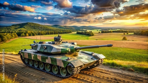 Aerial View of Military Tank, Armored Vehicle in Field Training Exercise