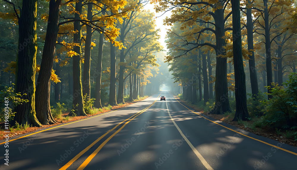 Obraz premium A car driving down a road surrounded by trees.