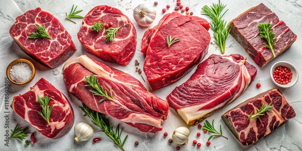 Aerial View of Raw Beef Cuts: Brisket, Chuck Roast & Ground Beef on White Aerial View of Raw Beef Cuts: Brisket, Chuck Roast & Ground Beef on White
