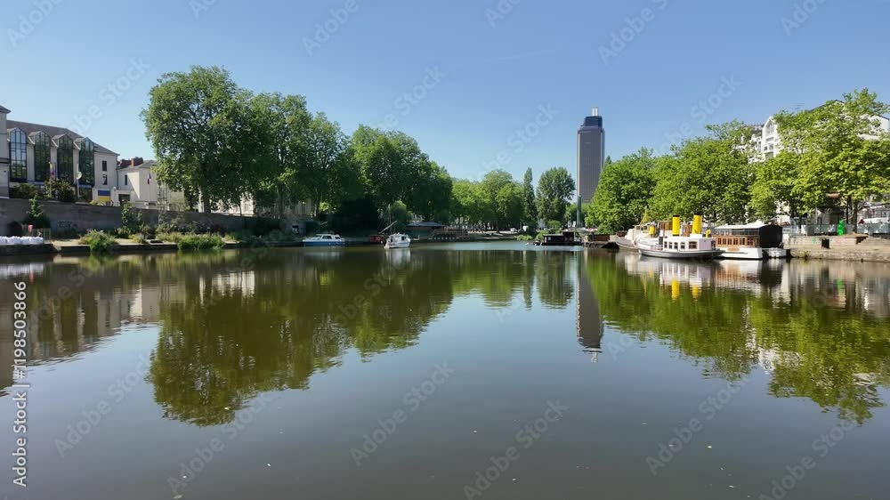 Loire River In Nantes City In The Upper Brittany, Western France. Wide Shot Loire River In Nantes City In The Upper Brittany, Western France. Wide Shot