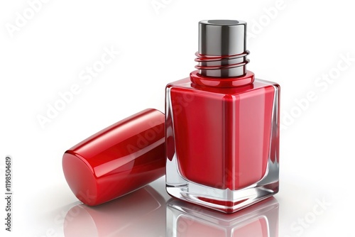A 3D-rendered red nail polish bottle, open and displayed on a pure white background.  Minimalist cosmetics photography.