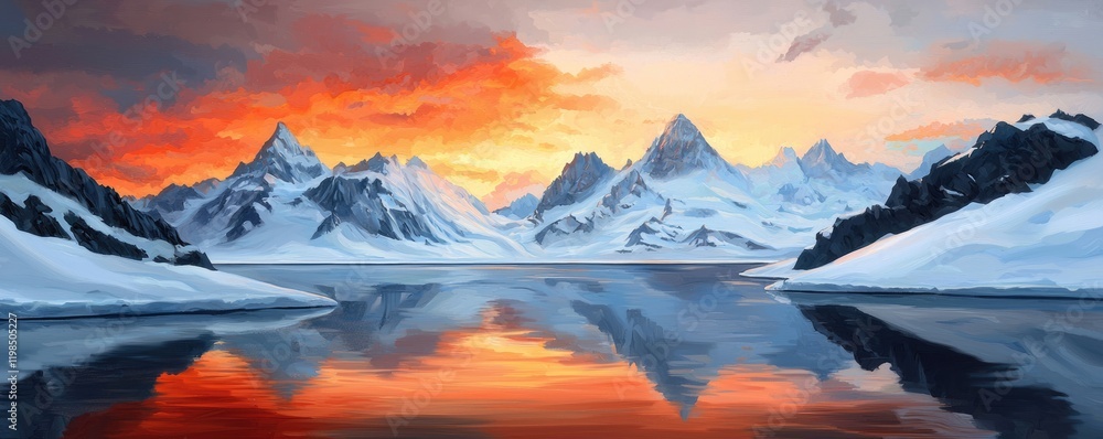 Obraz premium A serene winter landscape featuring snow-covered mountains reflecting in a calm body of water under a vibrant sunset.