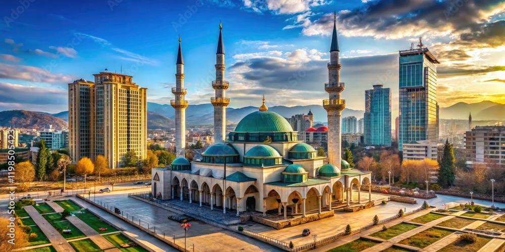 Naklejka premium Albanian New Year's Eve, 2018: The rising mosque, a beacon of light in the night.