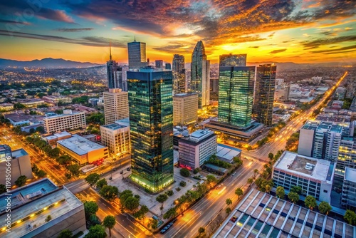 Aerial View of Wilshire Boulevard Koreatown LA Skyscrapers, Modern Architecture, Urban Landscape