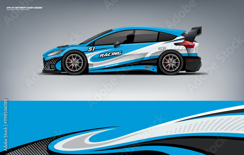 Sporty racing Car branding mockup with racing wrap decal or livery design, Hatchback wrap blue and black livery design