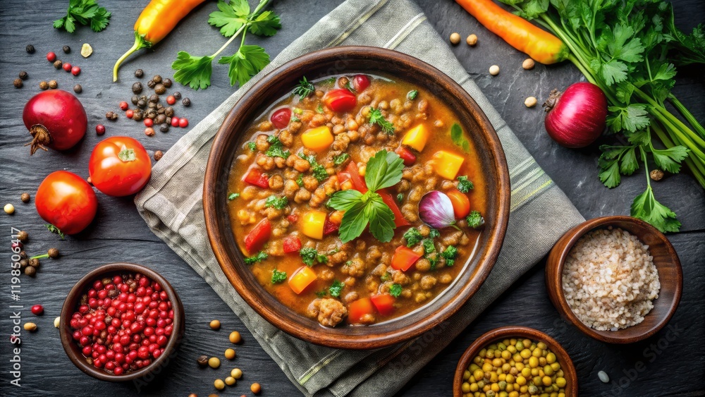 Black stone table displays a panoramic view of hearty vegan lentil soup, a Turkish and Arabic delight. Black stone table displays a panoramic view of hearty vegan lentil soup, a Turkish and Arabic delight.
