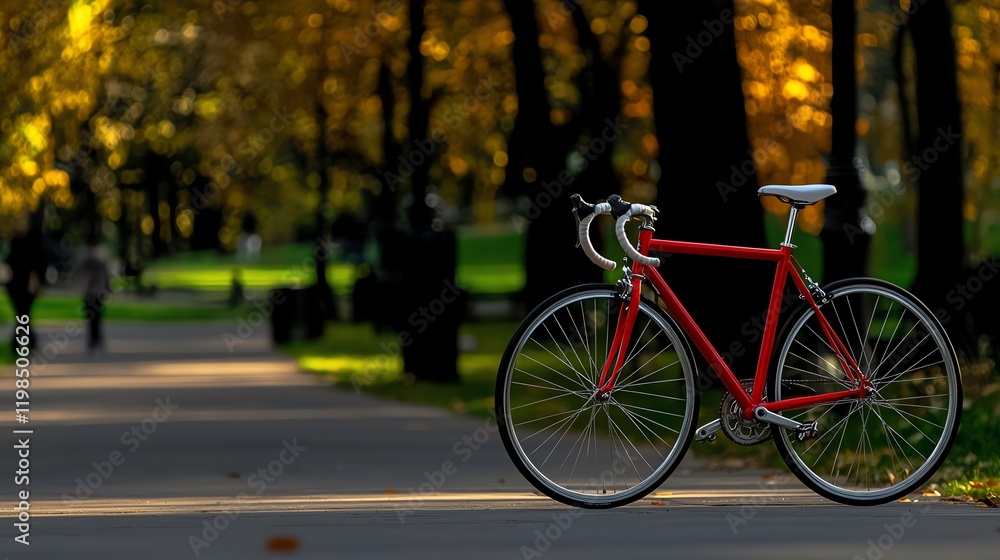 A vibrant red bicycle parked along a scenic path surrounded by autumn foliage in a park. A vibrant red bicycle parked along a scenic path surrounded by autumn foliage in a park.