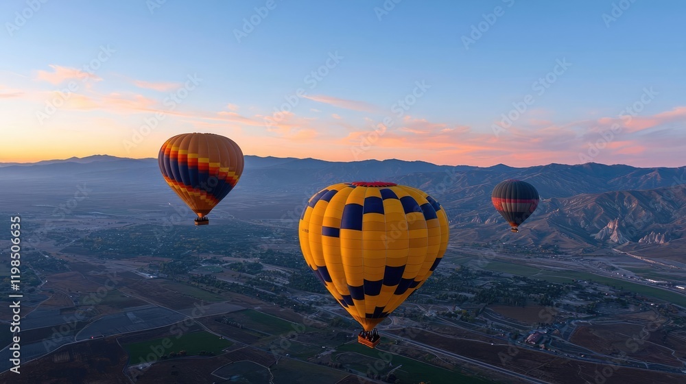 Fototapeta premium Hot air balloons soar over valley at sunrise