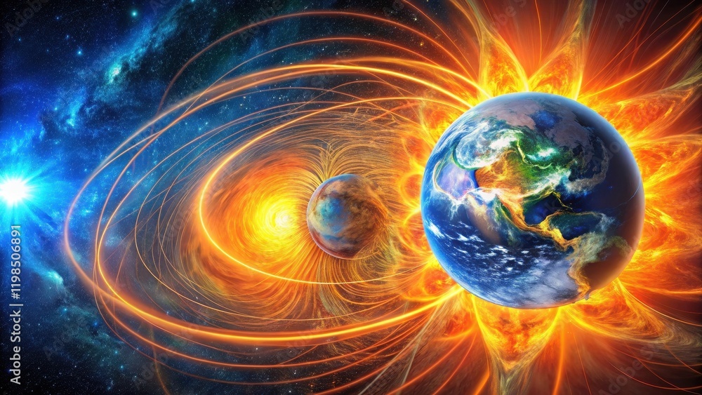 Obraz premium Celestial Dance A Planet's Journey Through Fiery Cosmic Currents and Radiant Nebulae