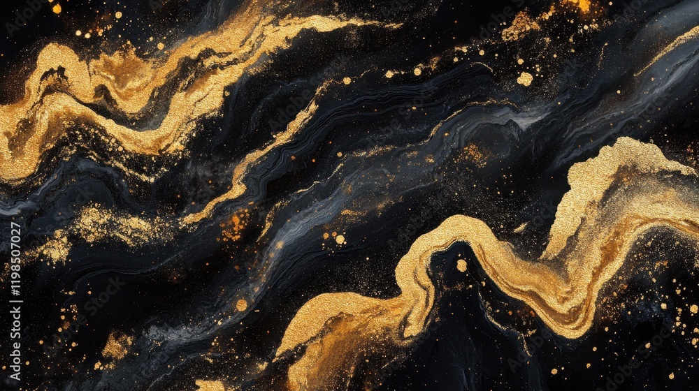Abstract Black and Gold Ink Swirl Background with Glitter Particles Abstract Black and Gold Ink Swirl Background with Glitter Particles