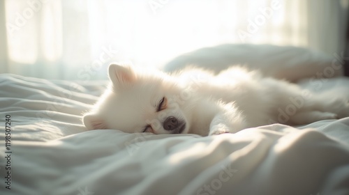 Cute little white Pomeranian lying on the bed, focused on his face with a blurred background. photo