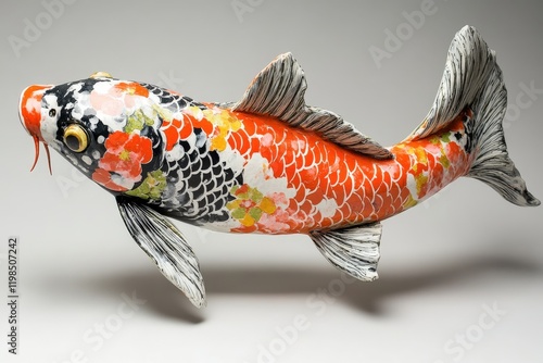 A ceramic sculpture of a koi fish, painted in vibrant colors photo