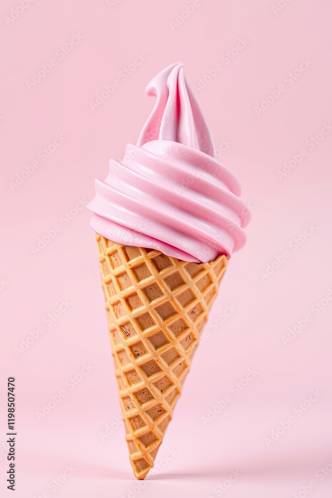 waffle cone with smooth pink ice cream in dynamic motion. Light pink background, seamless color gradients