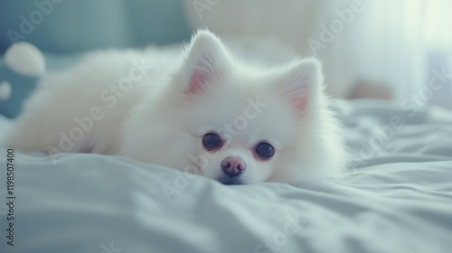 Cute little white Pomeranian lying on the bed, focused on his face with a blurred background. photo