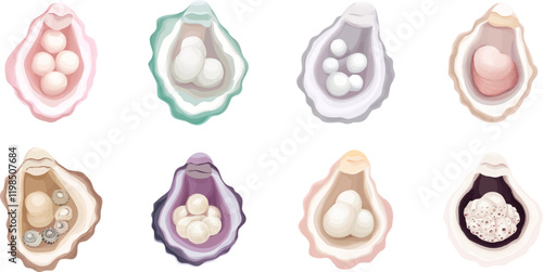 Set of vector illustrations on white background. Draw a picture of an oyster with a pearl inside