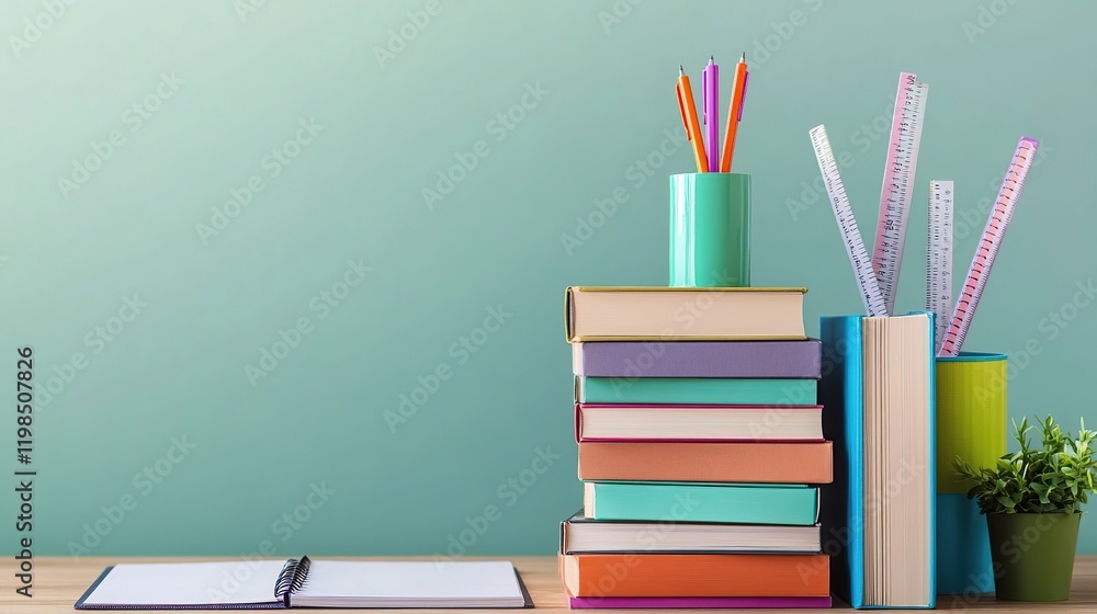 Fototapeta premium Stacked books, pencils, rulers, notebook, plant on desk.
