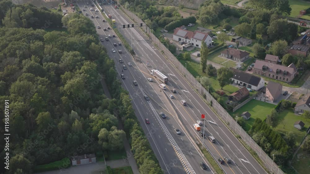 Busy highway road with constructions, aerial drone view Busy highway road with constructions, aerial drone view