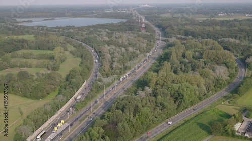 Forming of traffic jam in Belgium highway, aerial view photo