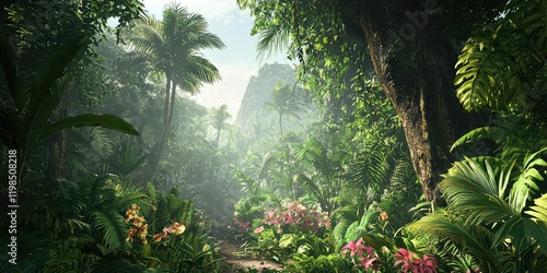 Fototapeta Naklejka Na Ścianę i Meble -  A dense jungle scene with a variety of tropical plants, creating a lush and exotic environment.