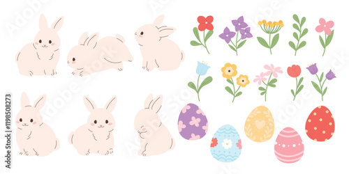 Happy Easter comic element vector set. Cute hand drawn rabbit, easter egg, spring flowers, leaf branch. Collection of doodle animal and adorable design for decorative, card, kids.