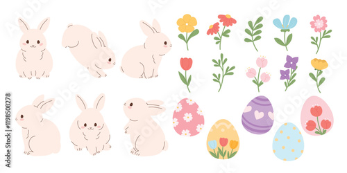 Happy Easter comic element vector set. Cute hand drawn rabbit, easter egg, spring flowers, leaf branch. Collection of doodle animal and adorable design for decorative, card, kids.