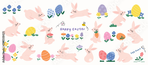 Happy Easter comic element vector set. Cute hand drawn rabbit, easter egg, spring flowers, leaf branch, butterfly, bee. Collection of doodle animal and adorable design for decorative, card, kids.