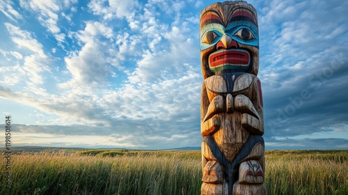 A cultural totem pole carved from wood, standing tall in a field