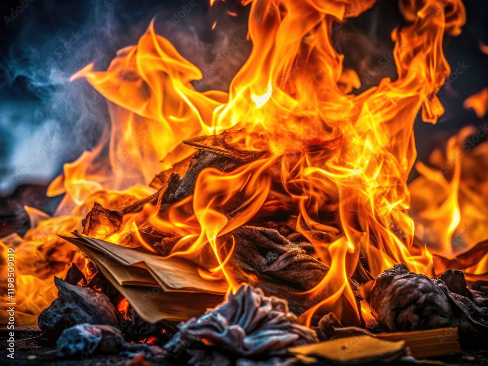 Intense fire consumes paper in a panoramic destruction; black and orange flames radiate destructive energy. Intense fire consumes paper in a panoramic destruction; black and orange flames radiate destructive energy.