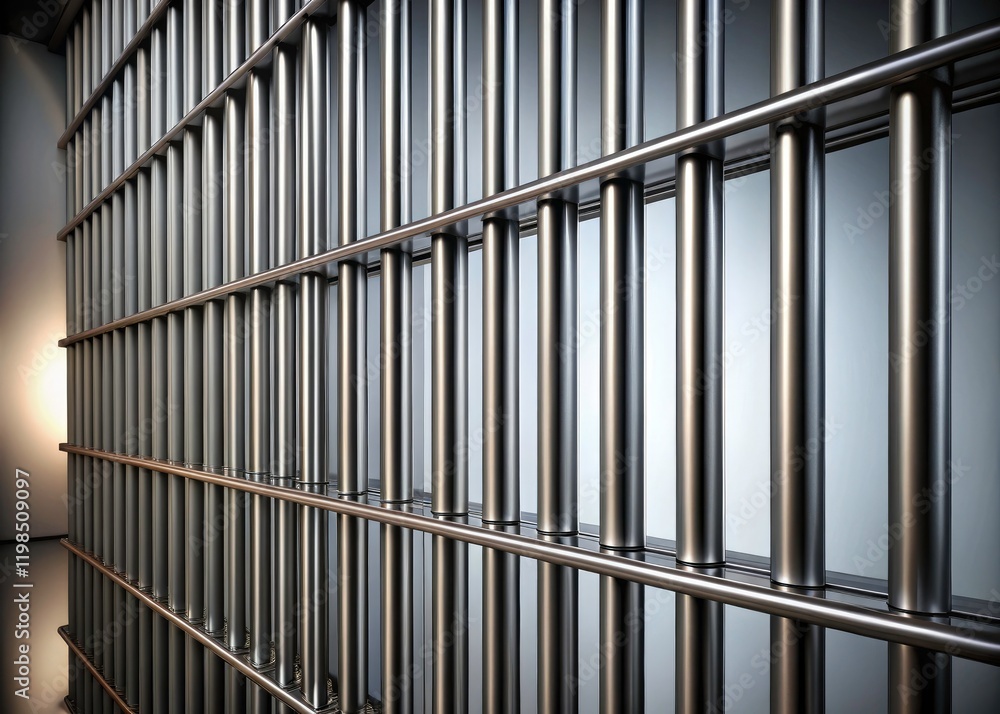 Isolated, glossy metal prison bars; a 3D-rendered steel cage evokes security, confinement, and texture. Isolated, glossy metal prison bars; a 3D-rendered steel cage evokes security, confinement, and texture.