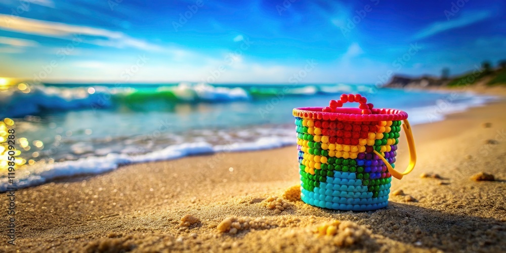 Long exposure beach scene: pixelated sand bucket, ready for your creative coloring. Long exposure beach scene: pixelated sand bucket, ready for your creative coloring.