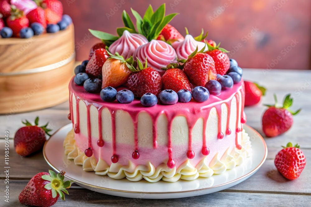 Luscious layers of pink ombre cake, topped with juicy berries and creamy whipped cream – a perfect sweet treat. Luscious layers of pink ombre cake, topped with juicy berries and creamy whipped cream – a perfect sweet treat.