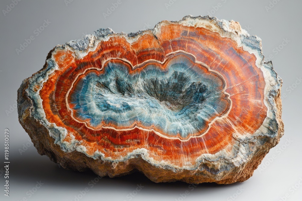 Obraz premium A stunning cross-section of petrified wood reveals vibrant orange, blue, and grey concentric rings, showcasing nature's artistry.