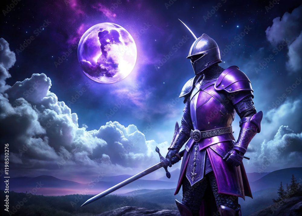 Naklejka premium Night photography captures a majestic knight in purple armor, his sword gleaming, a dark fantasy epic.