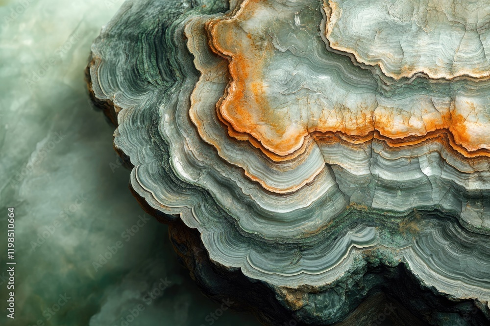 Obraz premium Layered rock formation with swirling patterns of gray, green, and orange hues.